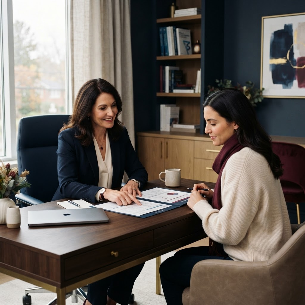 A clinician reviewing blood test results with a client during a calm consultation