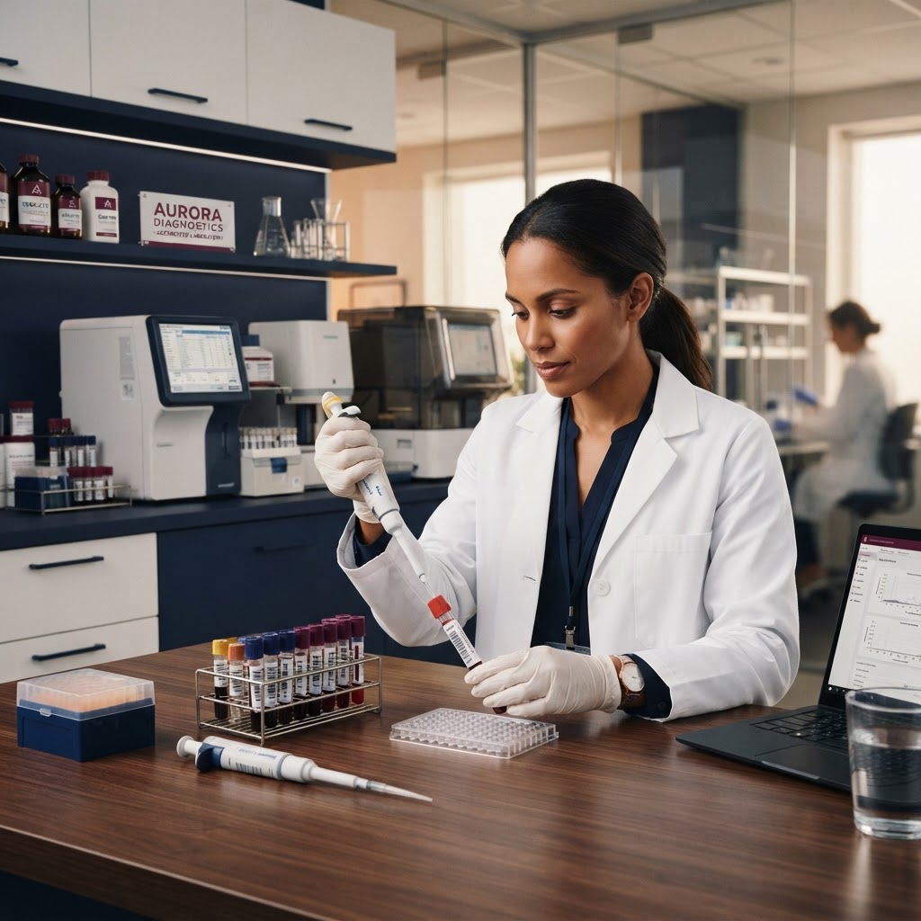 A laboratory scientist analysing blood samples with precision equipment