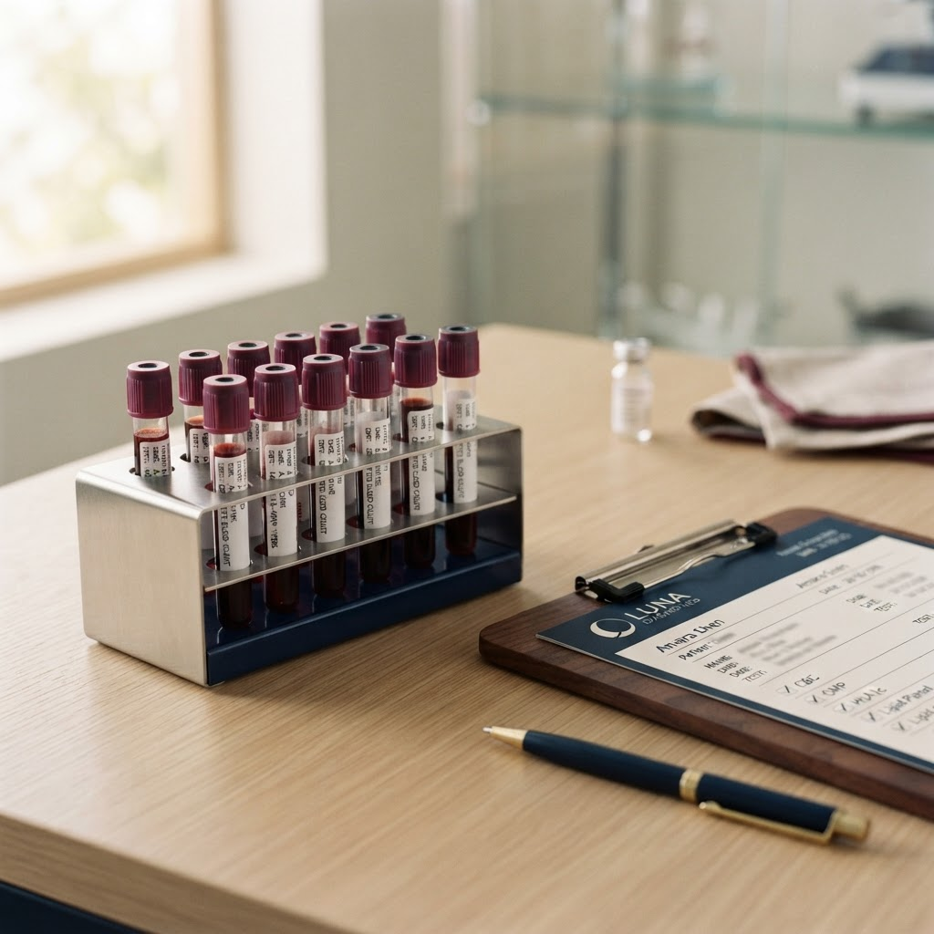 Blood collection tubes arranged beside a health monitoring chart